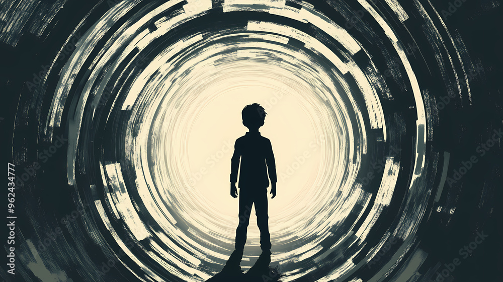 Silhouette of a boy with a time tunnel, a boy in a parallel world, a time traveler. Time Traveler. Illustration