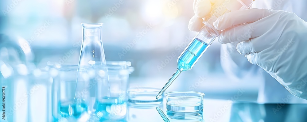 Lab Science Experiment, Blue Liquid in Pipette Lab Science Experiment, Blue Liquid in Pipette