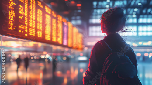 Woman traveler looking at airport flight information. shallow field of view. Time Traveler. Illustration
