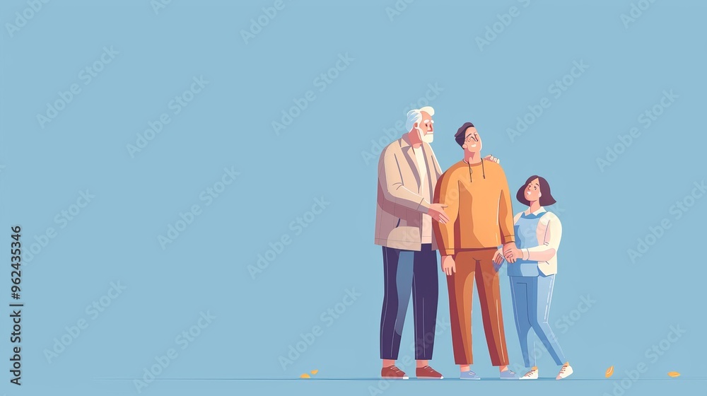 An illustration depicting a multi-generational family in a contemporary, minimalist style. Set against a soft pastel background, the artwork highlights family relationships and the warmth of