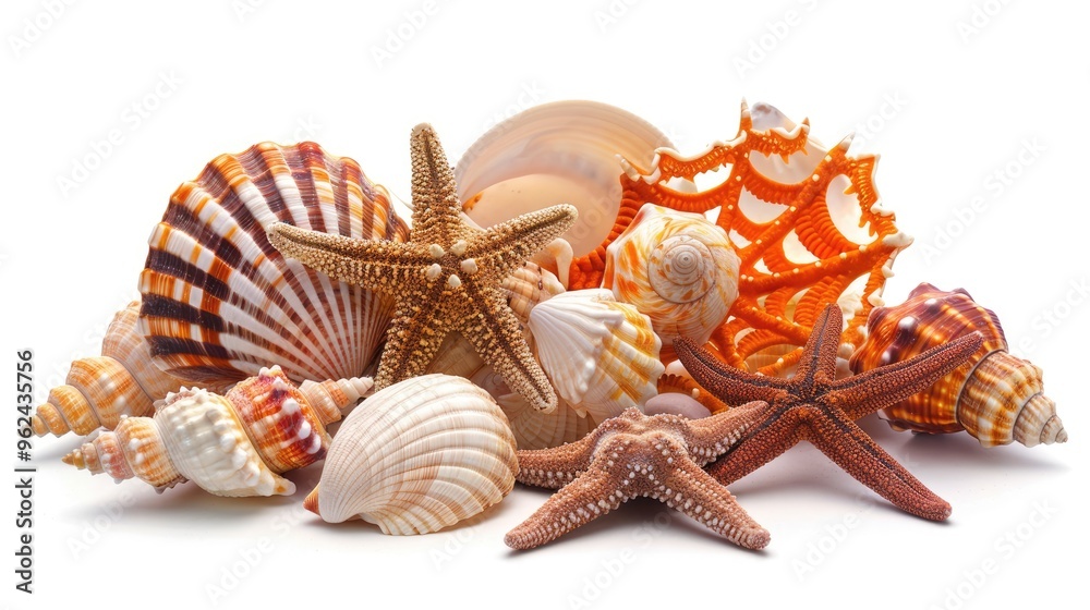 Obraz premium Seashells and starfish isolated on a white background