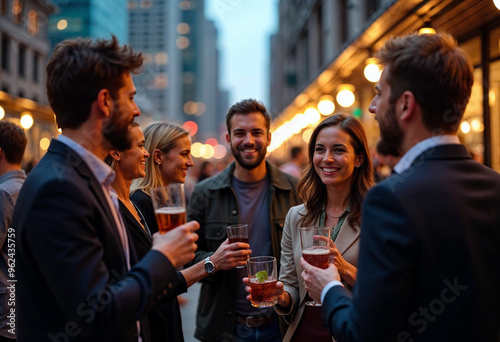 Elegant guests toast with champagne at a networking gala, celebrating in a warm, sophisticated setting.







 photo