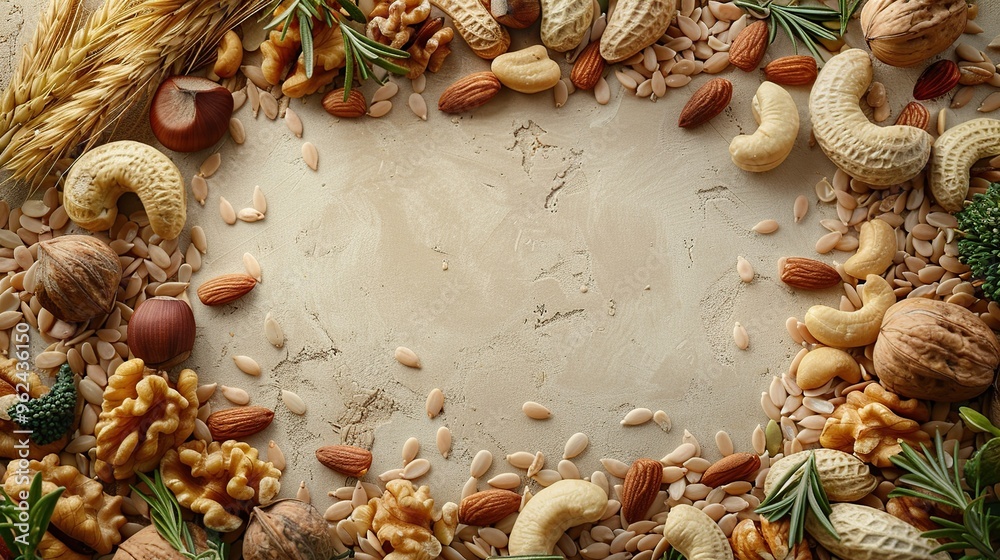 Assortment of Nuts, Seeds, and Herbs on a Beige Background Assortment of Nuts, Seeds, and Herbs on a Beige Background