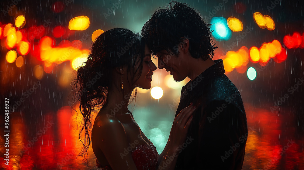 Romantic Moment for a Couple in the Rain on a City Street Romantic Moment for a Couple in the Rain on a City Street