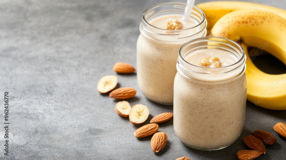 Creamy banana almond butter smoothies in jars, whole almonds and bananas arranged nearby, minimalist backdrop, clean setting, inviting and fresh presentation Creamy banana almond butter smoothies in jars, whole almonds and bananas arranged nearby, minimalist backdrop, clean setting, inviting and fresh presentation