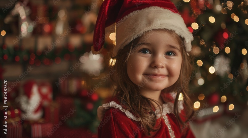 beautiful little girl with christmas hat and red sack next to her christmas tree at home beautiful little girl with christmas hat and red sack next to her christmas tree at home