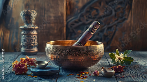 Vintage toned copper singing bowl with religious items for rituals prayers and meditation on wooden background empty space