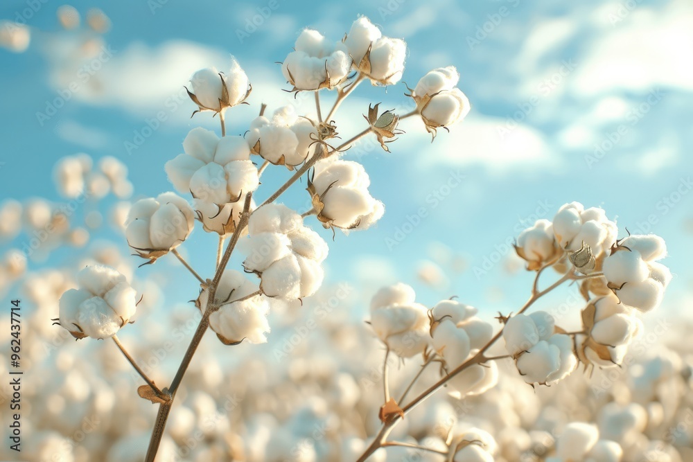 Bountiful harvest: cotton field plantation, portraying rows of cotton plants under clear sky, emphasizing importance of agriculture in textile production, serene beauty of rural life. Bountiful harvest: cotton field plantation, portraying rows of cotton plants under clear sky, emphasizing importance of agriculture in textile production, serene beauty of rural life.
