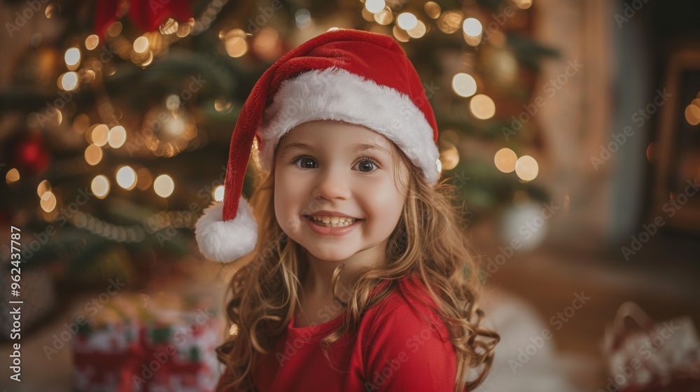 beautiful little girl with christmas hat and red sack next to her christmas tree at home beautiful little girl with christmas hat and red sack next to her christmas tree at home