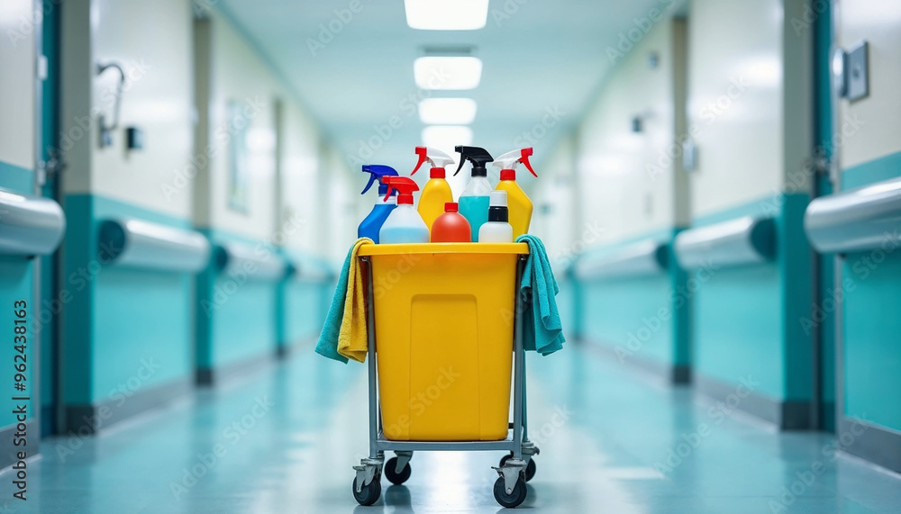 A janitorial cart with cleaning supplies in a bright, clean hospital corridor, highlighting professionalism and organization.
A janitorial cart with cleaning supplies in a bright, clean hospital corridor, highlighting professionalism and organization.