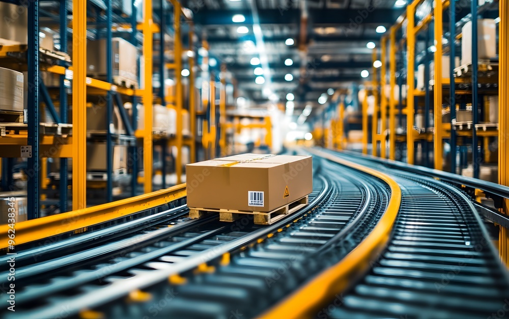 Modern warehouse with automated conveyor system transporting packages in a logistics center, showcasing efficient inventory management.