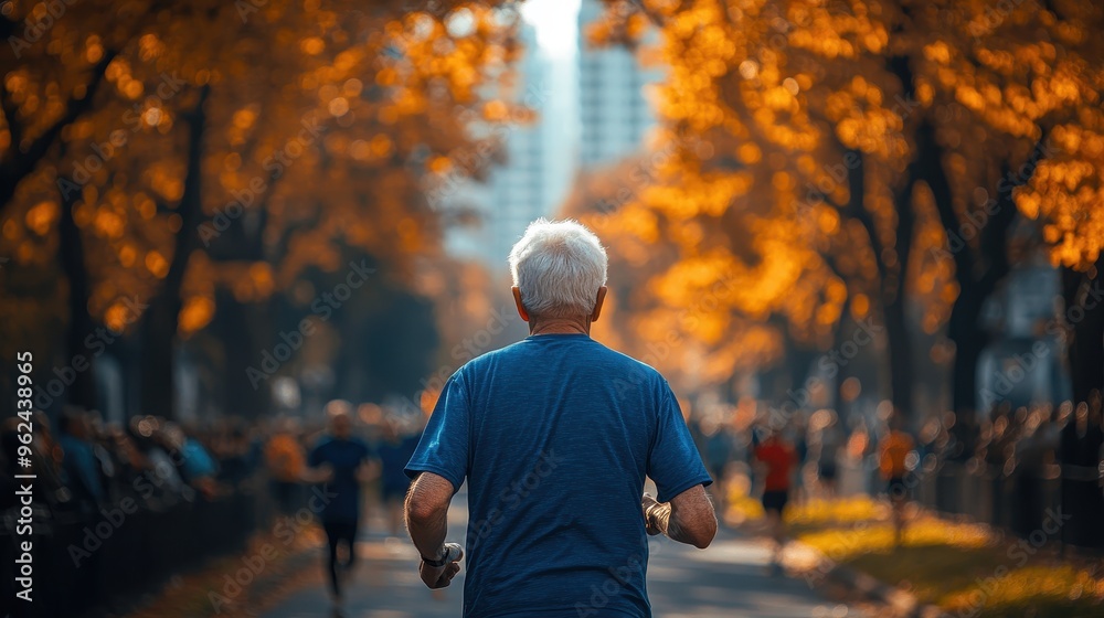 Obraz premium Elderly Man with Short White Hair Running in a Marathon Race on a City Street, Viewed from the Back