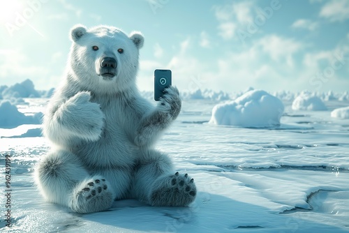 A playful polar bear enjoys a moment on the icy ground, holding a smartphone and appearing to take a selfie under clear skies.