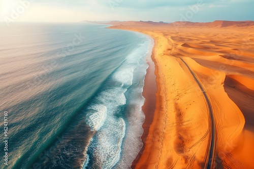 Waves crash onto the shoreline as a road winds through the Namib Desert's vast, golden sands under a stunning sunset.