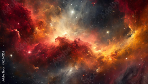 Hyperrealistic dense gas, dust, space nebula with shiny stars, supernova clouds cosmos universe in colorful fantasy cosmic warm red, orange, amber, yellow, dark grey colors background or wallpaper.