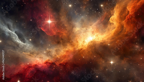 Hyperrealistic dense gas, dust, space nebula with shiny stars, supernova clouds cosmos universe in colorful fantasy cosmic warm red, orange, amber, yellow, dark grey colors background or wallpaper.