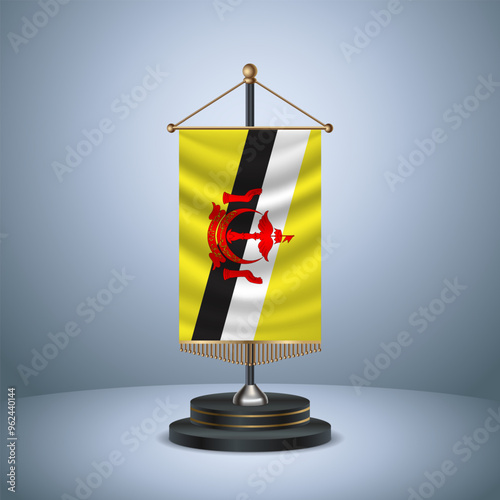 Brunei Vertical table flag with golden pole  on dark  gradient background