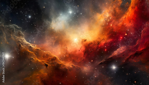 Hyperrealistic dense gas, dust, space nebula with shiny stars, supernova clouds cosmos universe in colorful fantasy cosmic warm red, orange, amber, yellow, dark grey colors background or wallpaper.
