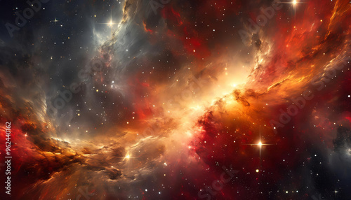 Hyperrealistic dense gas, dust, space nebula with shiny stars, supernova clouds cosmos universe in colorful fantasy cosmic warm red, orange, amber, yellow, dark grey colors background or wallpaper.