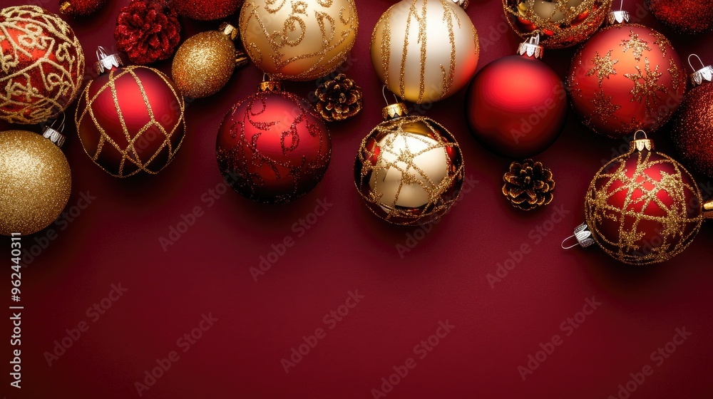Red and Gold Christmas Ornaments Scattered on Burgundy Background Red and Gold Christmas Ornaments Scattered on Burgundy Background