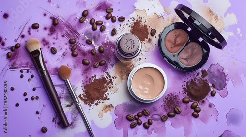 A set of makeup brushes and coffee-themed cosmetics are artistically arranged on a purple background with coffee beans and makeup smudges. This dynamic setup blends the essence of beauty and coffee.