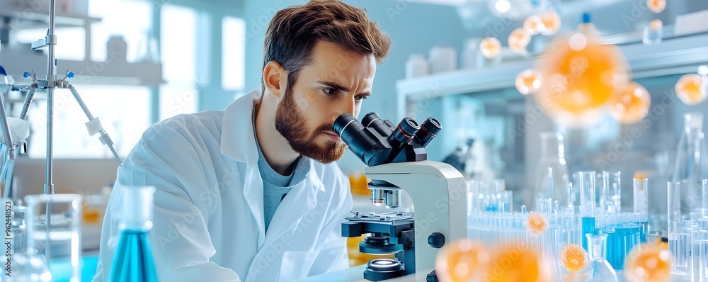 Scientist Examining Samples in Lab with Microscope Scientist Examining Samples in Lab with Microscope