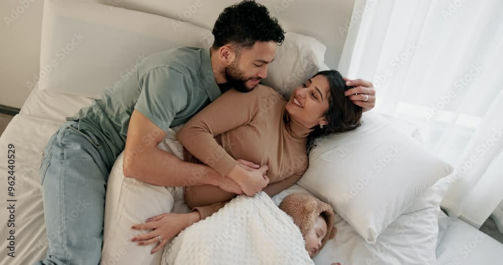 Sleeping, parents and smile for baby, bed and bonding with child, morning and grateful for adoption. House, woman and man with newborn, love and happy family in bedroom, nap and relax with embrace Sleeping, parents and smile for baby, bed and bonding with child, morning and grateful for adoption. House, woman and man with newborn, love and happy family in bedroom, nap and relax with embrace