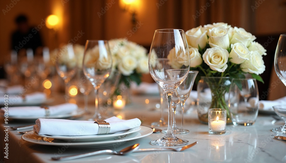 A lavish dining table set with elegant tableware, crystal glasses, and a white rose centerpiece, ideal for formal events.
A lavish dining table set with elegant tableware, crystal glasses, and a white rose centerpiece, ideal for formal events.