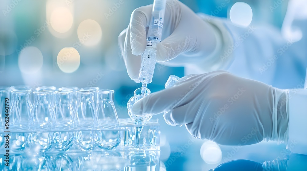 Fototapeta premium Scientist Filling Beaker With Liquid in Lab