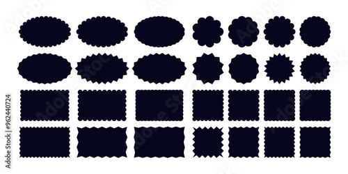 Geometric shapes with scallop and zigzag edges set. Silhouette stickers circle, square, oval and rectangle labels.
