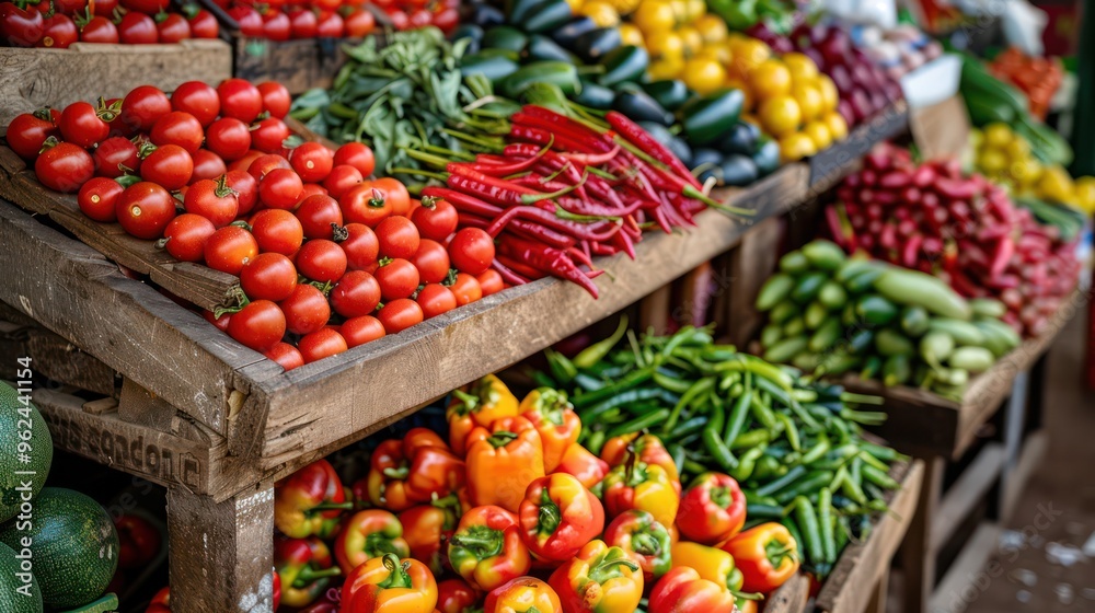 A vibrant market display featuring a variety of fresh vegetables and fruits arranged in colorful stacks. A vibrant market display featuring a variety of fresh vegetables and fruits arranged in colorful stacks.
