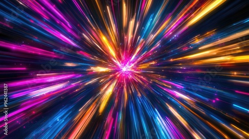 Abstract starburst of neon lights, dynamic lines mimicking the speed of light in the galaxy with blue, pink, yellow, and purple glow