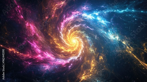 Wallpaper Mural Abstract spiral of neon light rays in blue, pink, yellow, and purple, creating a galaxy explosion effect on a dark universe background Torontodigital.ca