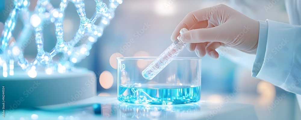 Scientist Holding Test Tube with Blue Liquid in Lab Scientist Holding Test Tube with Blue Liquid in Lab