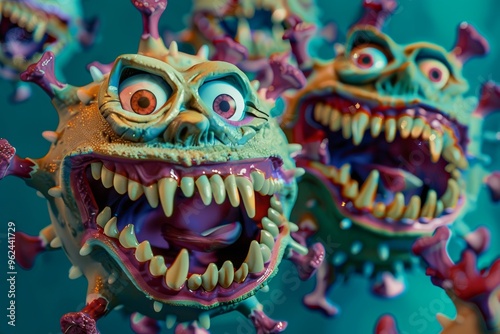 Artistic rendering of funny viruses odd gnawing dental habits. Laugh-inducing anthropomorphic pathogens bizarre dental features. It depicts amusing yet surreal connection health and comedy.