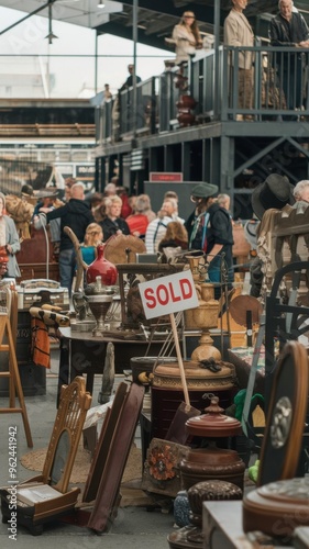 Lively Marketplace Filled With Antique Treasures and Enthusiastic Shoppers at a Bustling Fair. Generative AI