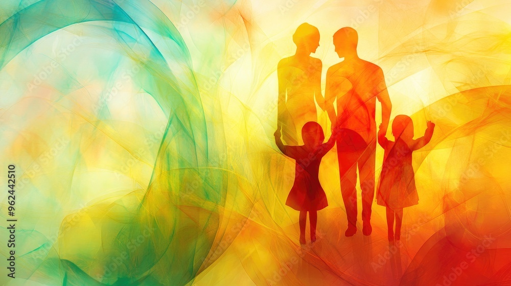 Abstract sign of love and warmth within a family, with vibrant, dynamic shapes set against a warm, realistic backdrop Abstract sign of love and warmth within a family, with vibrant, dynamic shapes set against a warm, realistic backdrop