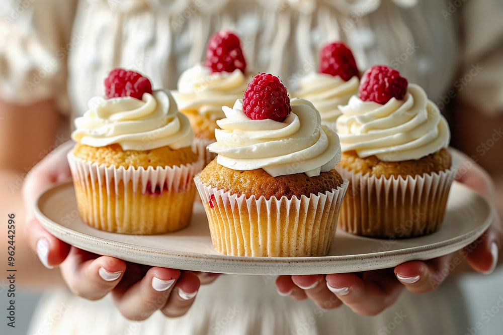 Delicious raspberry cupcakes are displayed on a wooden platter, topped with creamy frosting and fresh raspberries. A person holds the platter, showcasing the delightful treat. Delicious raspberry cupcakes are displayed on a wooden platter, topped with creamy frosting and fresh raspberries. A person holds the platter, showcasing the delightful treat.