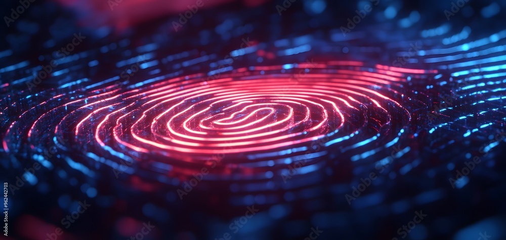 A close-up view of vibrant, illuminated fingerprint patterns in striking red and blue hues, showcasing an abstract digital design. A close-up view of vibrant, illuminated fingerprint patterns in striking red and blue hues, showcasing an abstract digital design.