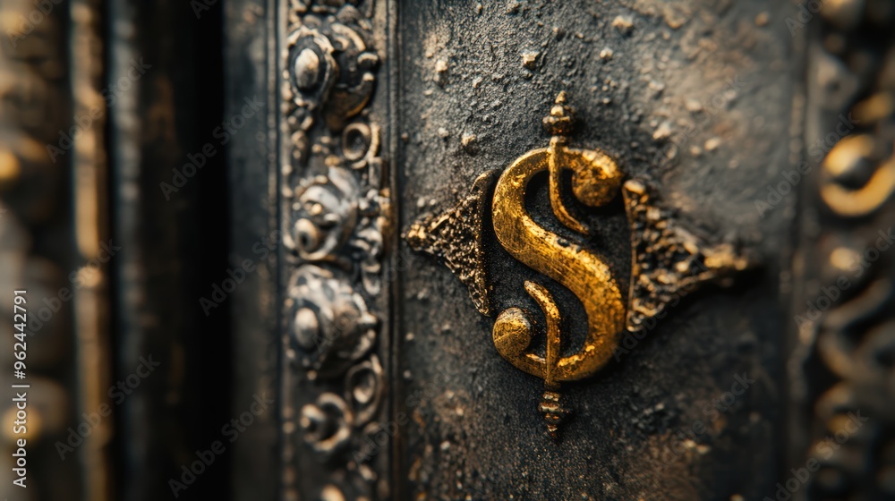 Close-up of a dollar sign locked with chains, depicted in high detail Close-up of a dollar sign locked with chains, depicted in high detail