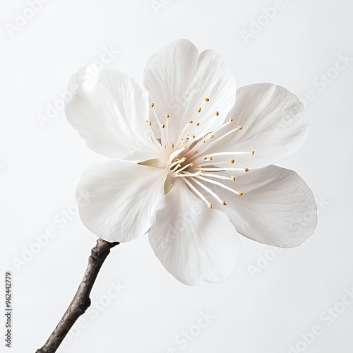 A single white almond blossom with yellow pollen on a branch, isolated on a white background.