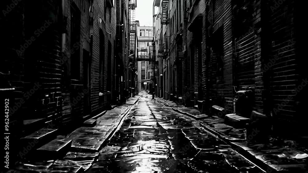 a dark alley  with  a train track  running down the middle and  a person  walking down the alley.