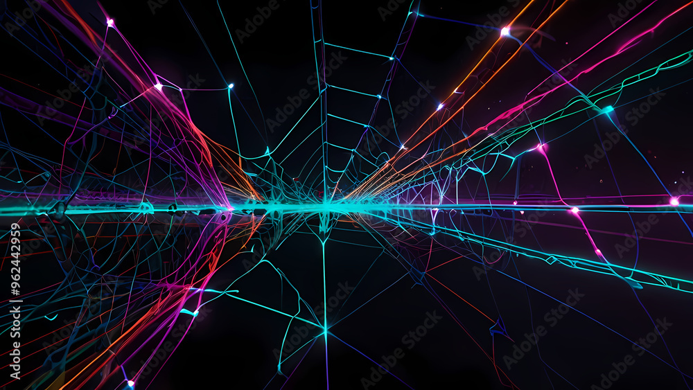 Obraz premium Abstract illustration of a spider web with neon threads stretching in various directions
