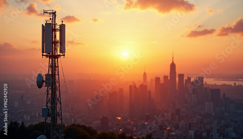 A low-angle view of a 5G cell tower with a city skyline bathed in the warm glow of sunset.