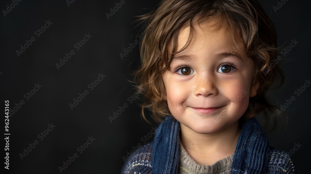 A smiling child with curly hair, wearing a cozy sweater, exuding warmth and joy in a soft-lit portrait. A smiling child with curly hair, wearing a cozy sweater, exuding warmth and joy in a soft-lit portrait.