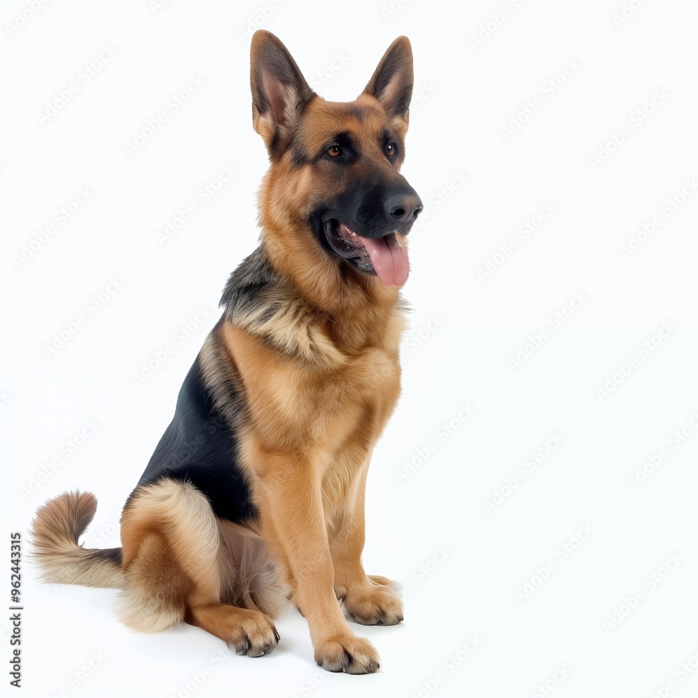 A German Shepherd dog sits with tongue sticking out, looking to the right, on a white background. A German Shepherd dog sits with tongue sticking out, looking to the right, on a white background.