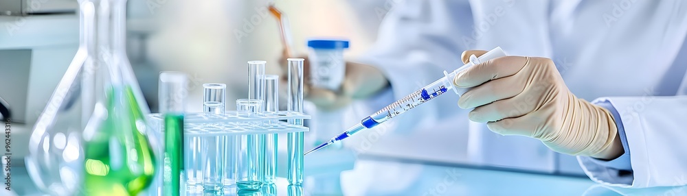 Scientist Using Pipette in Lab for Research and Experimentation Scientist Using Pipette in Lab for Research and Experimentation