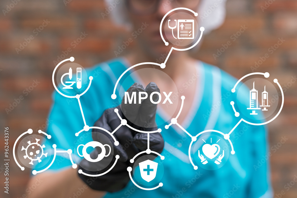 Doctor working on virtual touch screen presses text: MPOX. Monkeypox (MPXV) virus medical science concept. MPOX Monkey Pox disease. Doctor working on virtual touch screen presses text: MPOX. Monkeypox (MPXV) virus medical science concept. MPOX Monkey Pox disease.