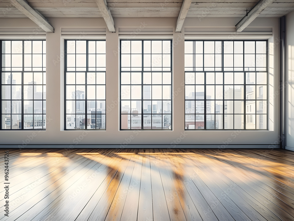 An empty loft room with large windows, wooden floor, and urban view, light. Generative AI An empty loft room with large windows, wooden floor, and urban view, light. Generative AI