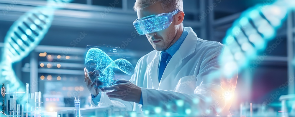 Scientist with VR Goggles Examining DNA Structure in Lab Scientist with VR Goggles Examining DNA Structure in Lab